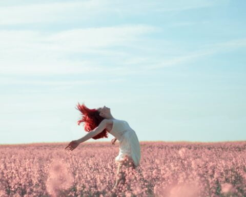 woman in yellow dress standing on pink petaled flower field